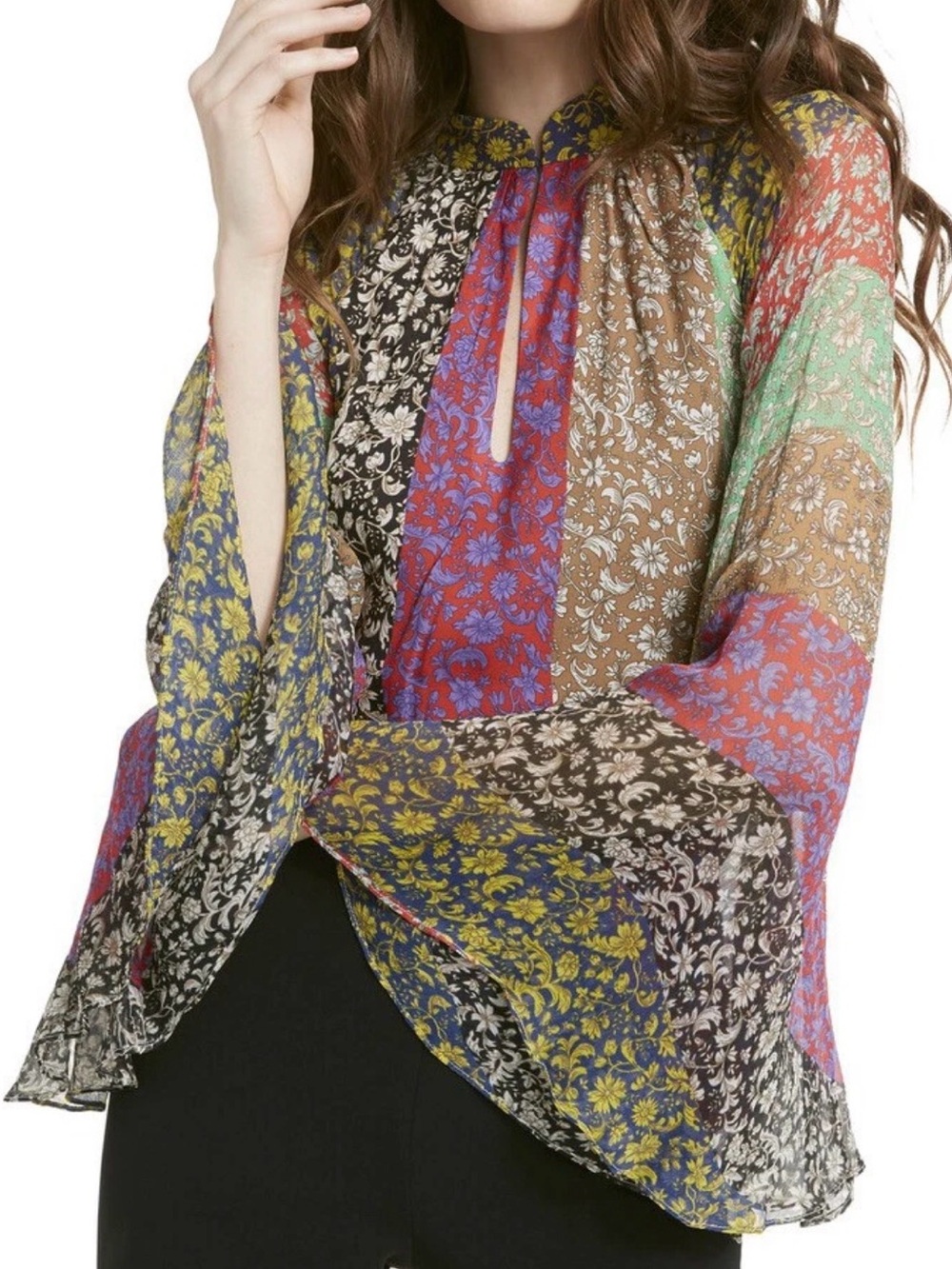 Alice + Olivia Prija Wide Sleeve Blouse Top S Patchwork Floral Boho Lightweight